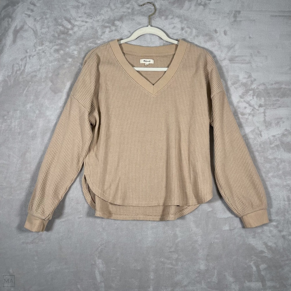 Madewell Women's Top V Neck Waffle Knit Neutral Casual‎ M Tan